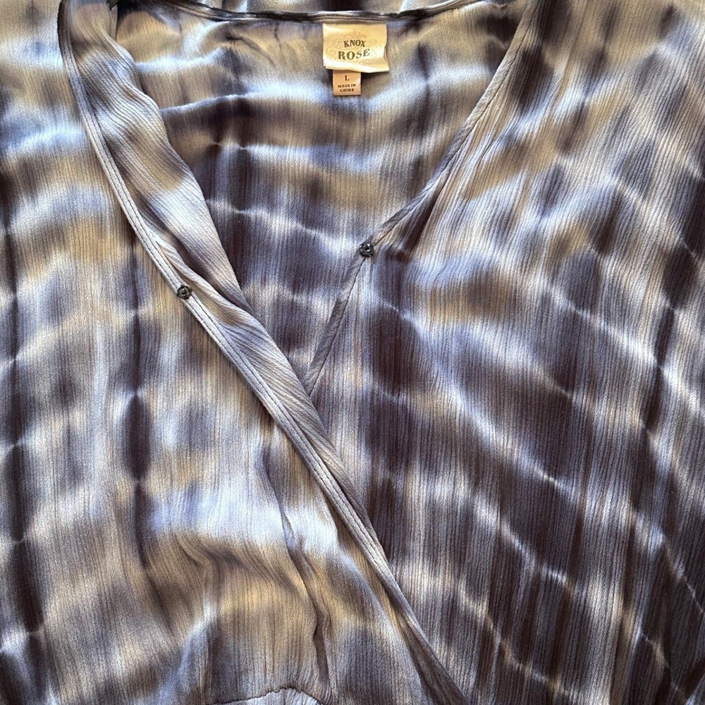 Knox Rose Rayon Blue White Tie Dye V-Neck Maxi Dress Short Sleeve Boho Belted - Picture 11 of 13